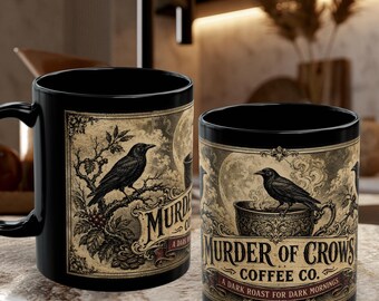 Mug « Meurtre de Corbeaux », Mug gothique Corbeau, Cadeau pour les amoureux des corbeaux, Mug Dark Academia, Tasse à café gothique vintage, 325 ml et 445 ml, Cadeau ésotérique