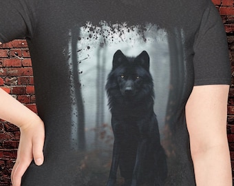 Chemise loup noir T-shirt loup mystique Moody Forest Lone Wolf Graphic Tee unisexe Dark Wildlife Art Gothique Top Cadeau pour amoureux des loups
