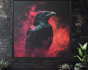 May include: A black raven with a dark green sheen is perched against a background of red and pink smoke.