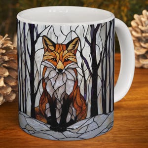 Red Fox Coffee Mug 11oz or 15oz Stained Glass Ceramic, Fox Lovers Gift, Nature Coffee Cup Wildlife Lovers Gift White Winter Woodlands Animal