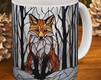 Taza de café de zorro rojo de 325 ml o 440 ml, de cerámica de vidrio tintado, ideal para amantes de los zorros, ideal para amantes de la naturaleza, ideal para amantes de la vida silvestre, animales de los bosques invernales blancos.