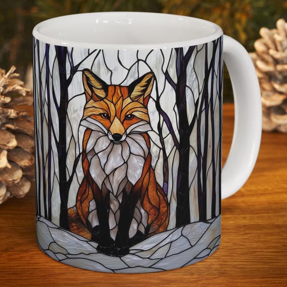 Red Fox Coffee Mug 11oz or 15oz Stained Glass Ceramic, Fox Lovers Gift, Nature Coffee Cup Wildlife Lovers Gift White Winter Woodlands Animal