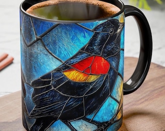 Red Winged Blackbird Mug – Bird Lover Coffee Cup – Stained Glass Bird Mug – Wildlife Nature Gift – Colorful Bird Drinkware