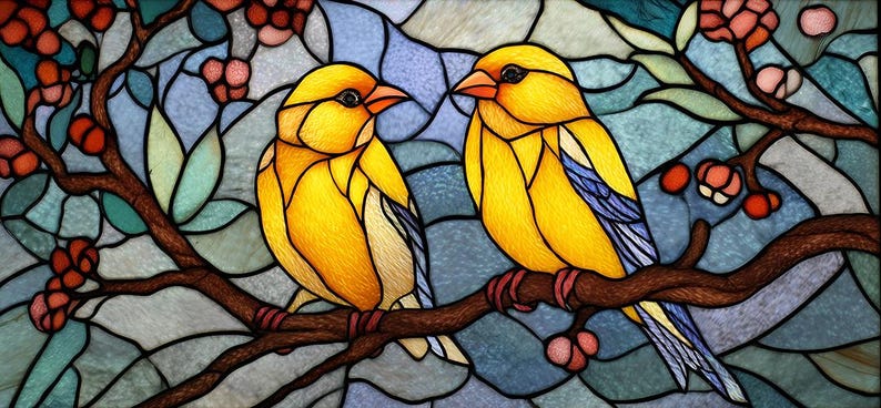 Puede incluir: Obra de arte en vidriera que representa dos p&aacute;jaros amarillos posados en una rama marr&oacute;n con bayas rojas y flores rosas. Las aves tienen detalles azules y blancos. El fondo es un mosaico de vidrio azul, verde y gris.