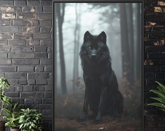 May include: A black wolf sits in a foggy forest. The wolf has a dark coat and piercing yellow eyes. The background is a blurry forest with tall trees and fog.