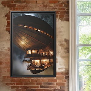 Steampunk Airship Wall Art Print – Vintage Victorian Party on a Zeppelin Fantasy Scene – Sci-Fi Steampunk Decor for Office or Living Room