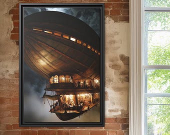Steampunk Airship Wall Art Print – Vintage Victorian Party on a Zeppelin Fantasy Scene – Sci-Fi Steampunk Decor for Office or Living Room