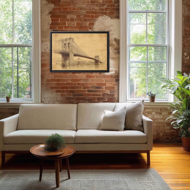 Brooklyn Bridge Vintage Wall Art, Antique NYC Architectural Sketch Print, New York City Wall Decor, Framed Canvas or Unframed Print Poster bild 2
