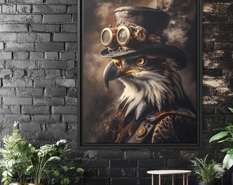 May include: A steampunk-style eagle with a top hat and goggles. The eagle is depicted in a dark, moody setting with smoke and steam.
