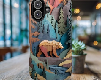 Bear Phone Case - Faux 3D Wood Art - Grizzly Bear Phone Cover - Brown Bear Lover Gift - iPhone 17 16 15 Galaxy S26 S25 Pixel 9 8 Phone Case