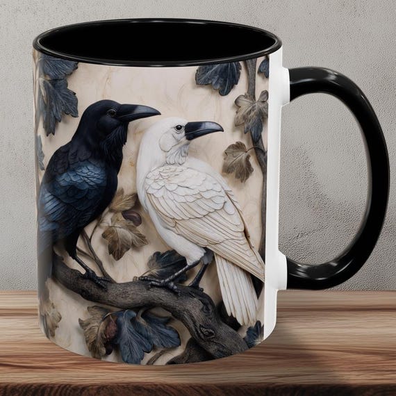 Black and Albino White Raven Mug Coffee Cup 11oz & 15oz - Crow Lover Gift - Raven Lovers Gift - Witchy Gift - Gothic Dark Academia Tea Cup