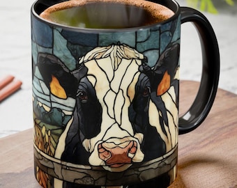 Cows Stained Glass Mug – 11oz & 15oz - Holstein Farm Animal Coffee Cup – Rustic Country Cow Art – Farmhouse Kitchen Gift for Cow Lovers
