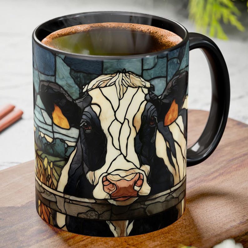 Holstein cows stained glass style coffee mug.