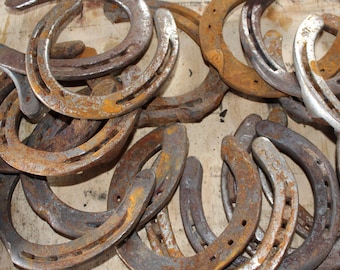 May include: A pile of rusty horseshoes, some are silver, some are brown, and some are a mix of both. The horseshoes are all different sizes and shapes.