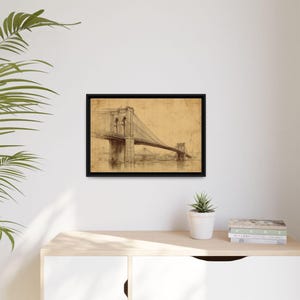 Brooklyn Bridge Vintage Wall Art, Antique NYC Architectural Sketch Print, New York City Wall Decor, Framed Canvas or Unframed Print Poster bild 5