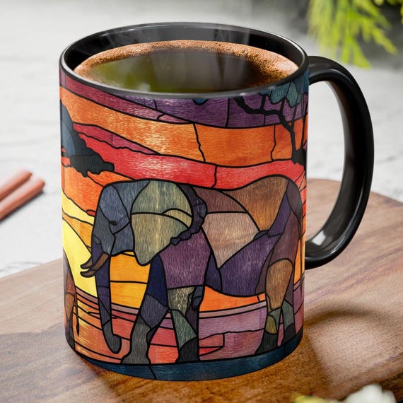 Elephant Stained Glass Mug – Mother & Baby Elephants Coffee Cup – 11oz or 15oz - Safari Wildlife Art – Nature Animal Gift – Sunset Design