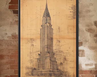 Chrysler Building Blueprint Wall Art Print – Vintage NYC Skyscraper Architectural Drawing Poster, New York City Landmark Decor Framed Canvas