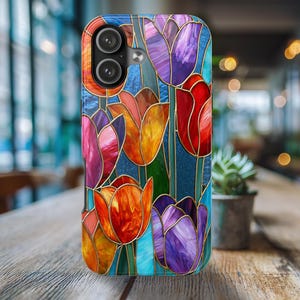 Tulip stained glass phone case for iPhone 17 Galaxy S26 Pixel 9.