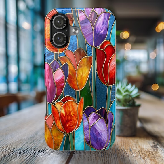 Tulip Flowers Phone Case - iPhone 17 16 15 Galaxy S26 S25 S24 Pixel 9 Floral Stained Glass Case - Spring Flower Art Cover for iPhone Pro Max