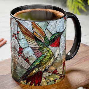 Ruby-Throated Hummingbird Stained Glass Coffee Mug, Ruby Throated Hummingbird Cup, Bird Lover Mug, Nature Coffee Cup, Birdwatcher Gift