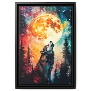 Wolf Howling at Moon Print Colorful Wall Art Bright Watercolor Style in Forest Wolf Lovers Gift Howling Wolf Full Moon Picture Home Decor