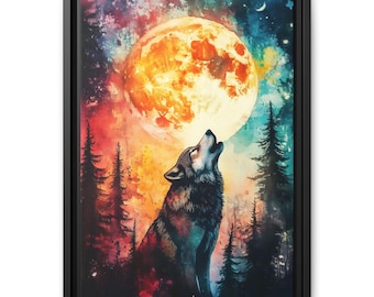 May include: A wolf howls at a large, orange moon in a watercolor painting. The moon is surrounded by a colorful nebula with stars. The wolf is in the foreground, and the moon is in the background. The painting is set against a dark blue sky.