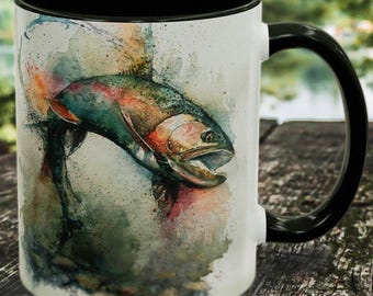 Trout Mug - Fishing Coffee Mug, Watercolor Rainbow Trout, Fishing Gift, Trout Lover Mug, Fly Fishing Gift, Fisherman Coffee Mug, 11oz & 15oz