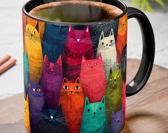 Colorful Cats Mug – 11oz or 15oz - Cat Lover Bright Coffee Cup – Cute Whimsical Feline Art Mug – Gift for Crazy Cat Lady or Cat Dad