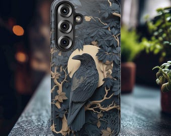 Raven Phone Case - Faux 3D Art - Crow in Forest Full Moon Phone Cover - Crow Lover Gift - iPhone 17 Galaxy S26 Pixel 9 Witchy Dark Academia