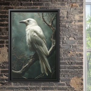 White Raven Wall Art - Mystical Albino Crow Picture | Dark Academia Gothic Witchy Home Decor | Fantasy Bird Nature Print | Canvas or Poster
