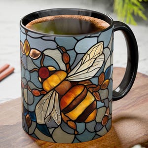 Bumble Bee Stained Glass Mug Coffee Cup 11oz & 15oz - 5 Mug Colors - Colorful Honey Bee Mosaic Art Gift - Pollinator Garden Insect Tea Cup