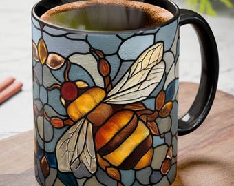 Mug en vitrail bourdon, tasse à café 11 oz et 15 oz - 5 couleurs de tasse - cadeau d'art mosaïque abeille colorée - tasse à thé insectes pollinisateurs du jardin
