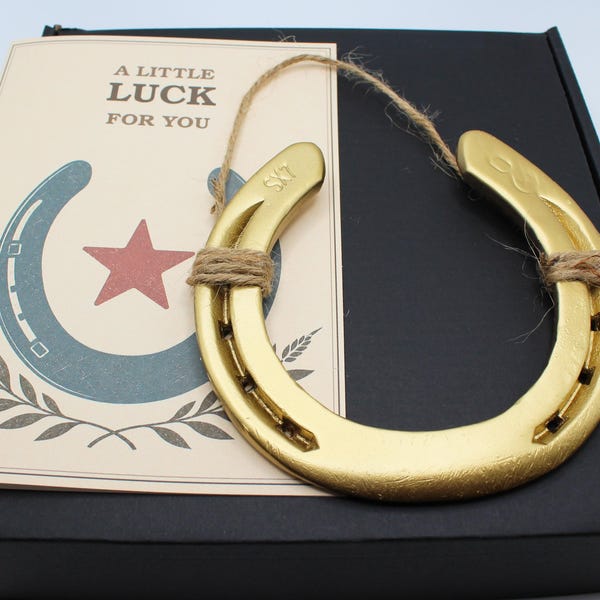 Lucky Horseshoe Gift with Personalized Card, Real Used Horse Shoe, Good Luck Gift, Gold or Natural Steel Horseshoe, Housewarming Gift