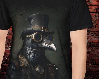 Camiseta de cuervo steampunk, camiseta gótica de cuervo, camiseta de pájaro victoriano unisex de fantasía oscura, regalo para amantes del steampunk