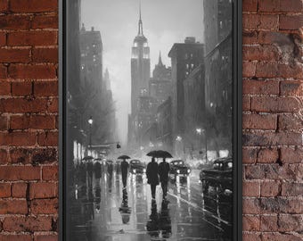 Empire State Building Black and White Rainy Street Scene Poster - New York City Skyline Vintage Style Art Print