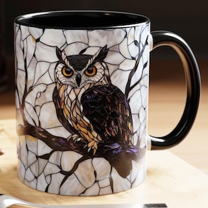 Owl Stained Glass Coffee Mug 11oz & 15oz Great Horned Owl, Bird Lovers Gift, Winter White Coffee Cup, Owl Lovers Gift, Wildlife Nature