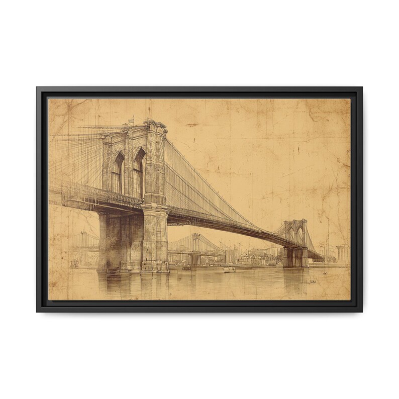 Brooklyn Bridge Vintage Wall Art, Antique NYC Architectural Sketch Print, New York City Wall Decor, Framed Canvas or Unframed Print Poster bild 3