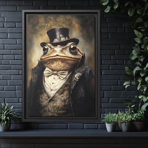 Victorian Toad Vintage Portrait Wall Art Frog Wearing Suit and Top Hat with Monocle Framed Canvas Poster Whimsical Painting Home Decor Print