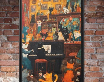 May include: A framed art print depicts a whimsical scene of cats in a bar. Cats of various colors and patterns are enjoying drinks, playing piano, and socializing. The artwork has a warm, inviting color palette and a detailed, illustrative style.