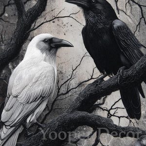 Black and White Raven Wall Art Print – Gothic Crow | Albino Raven Witchy Decor | Unframed Poster Artwork | Dark Academia Raven Lovers Gift