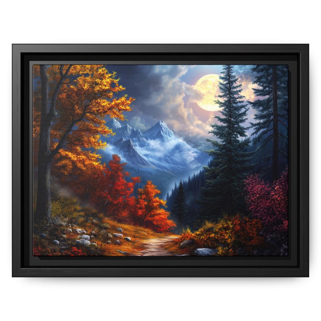 Autumn Dark Moody Forest Big Eerie Full Moon Print on Canvas Trail in ...