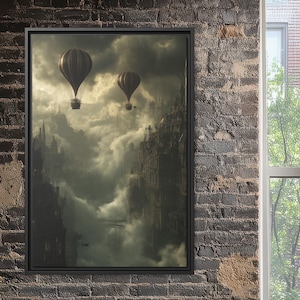 Steampunk Airship Wall Art | Victorian Cityscape Print | Moody Hot Air Balloon Poster | Gothic Fantasy Decor | Industrial Wall Art