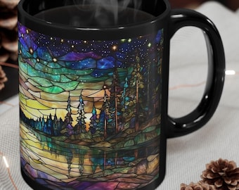Aurora Borealis Stained Glass Coffee Mug 11oz & 15oz Northern Lights Art Gift, North Woods Coffee Cup, Cottage Gift, Forest Lake Nature