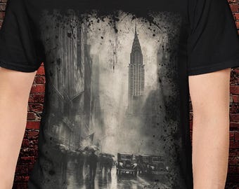 Vintage New York City Shirt Gothic NYC Skyline Chrysler Building T Shirt Moody Urban Street Scene Unisex Graphic Tee Gift for City Lovers