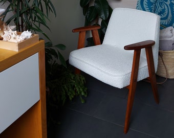 Elegant white vintage chair, Mid-Century, powder room, bathroom, design,  MCM, rich texture fabric, milky white Bouclé, womb chair