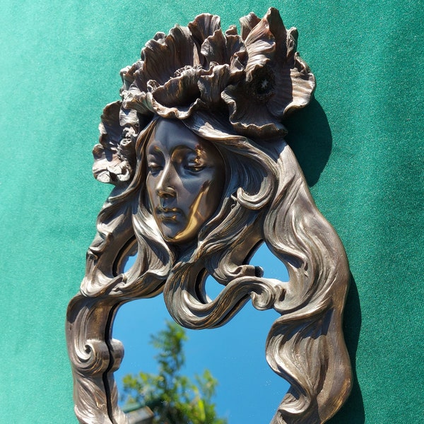Jugendstil Spiegel, Dame mit Mohnblumenkrone-Veronese Bronze Wandspiegel, Art déco, Anemonen, Papaver, Medusa, Secession, Beauty, Eitelkeits Dekor