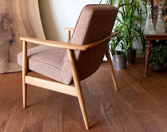 Vintage beige armchair, Mid century, classic, Scandinavian design, pleinwooden frame