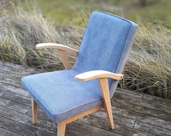 Customisable desk chair, navy blue or any other color, teak stain,modernist, comfortable, blue upholstery, lounge, Inspire me!