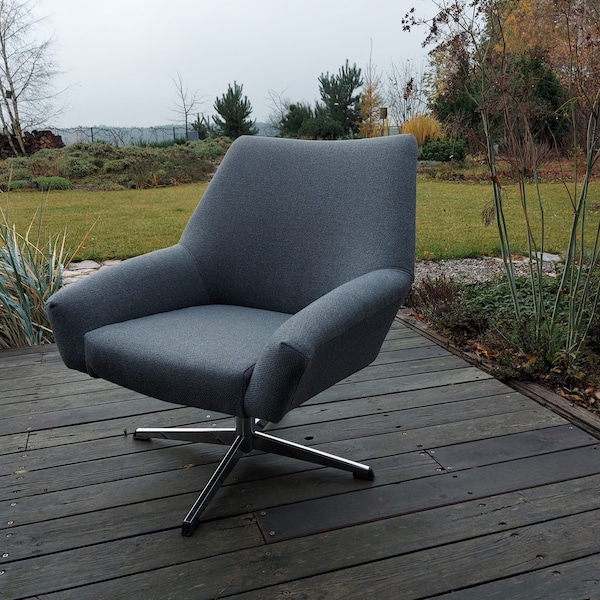 Fauteuil tournant anthracite, pivotant, fauteuil club anthracite, gris foncé, siège Mad Men, salon, chromé, milieu du siècle, danois moderne, minimaliste