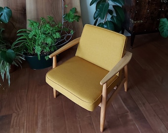 Chaise jaune moutarde, milieu du siècle, classique, fauteuil simple en bois massif, chaise de loisirs, accoudoir, touche de chic